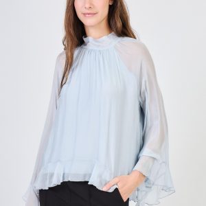 Blússa perlugrá með pífuermum, silki